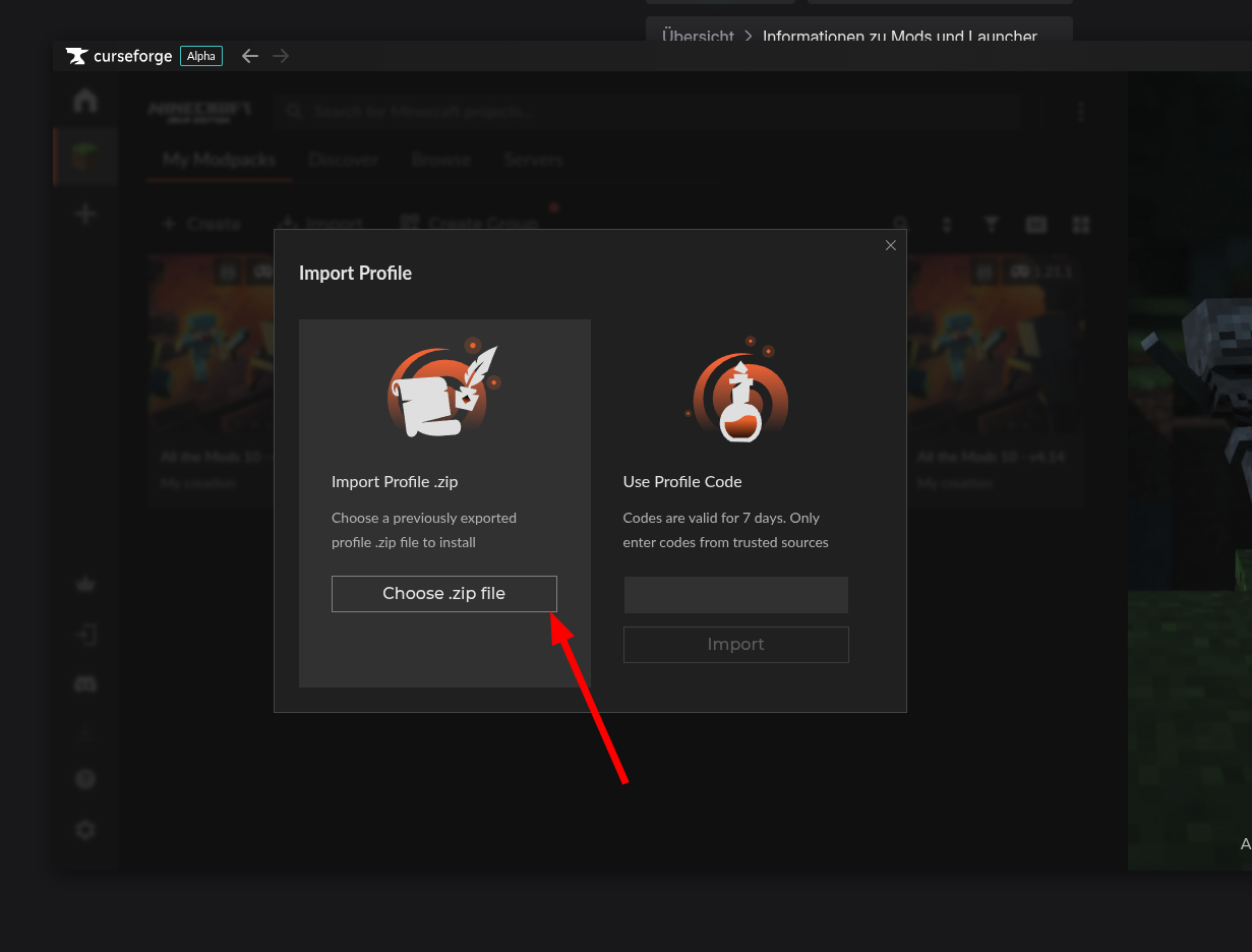 Importiert hier das Modpack als .zip